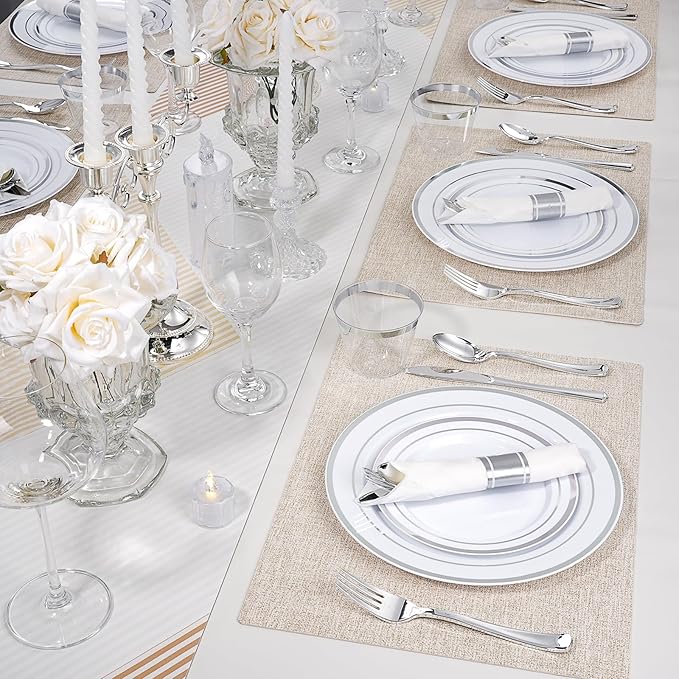 700 PCS White and Silver Plastic Dinnerware Set for 100 Guests, 200 Disposable Plates for Party, 100 Pre Rolled Napkins with Silver Silverware, 100 Cups