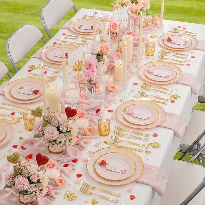 ejonirinjonir EI 150pcs Pink Plastic Plates with Gold Plastic Silverware,Pink Party Plates,Heavy Duty Plate Disposable,Gold Dinnerware Set for Birthday, Afternoon Tea,Wedding,Valentine's Day