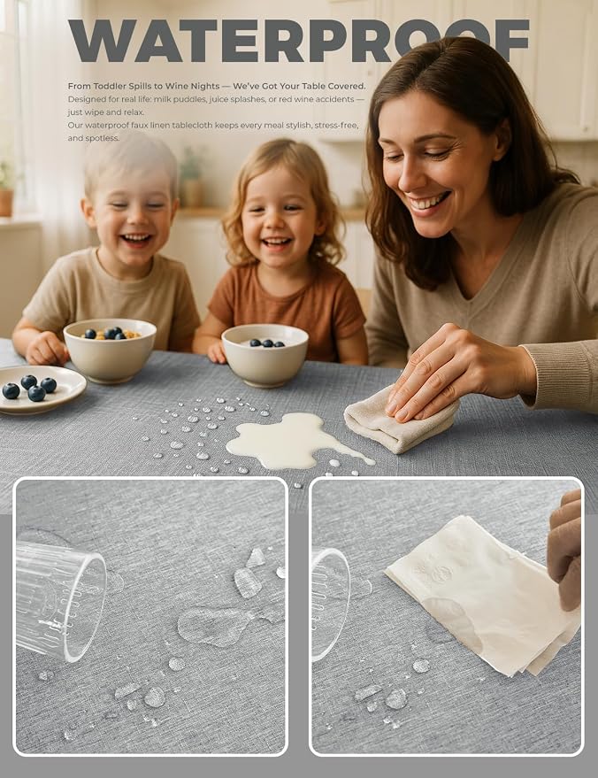 Decorelia Faux Linen Tablecloth for Dining Room, 52 x 70 Inch (4-6 Seats), Cool Grey