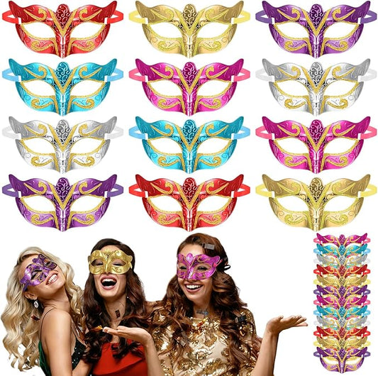 VioraWhite 60 Pack Multicolored Masquerade Mask Gold Shining Plated Mardi Gras Mask for Purim Mardi Gras Wedding Party