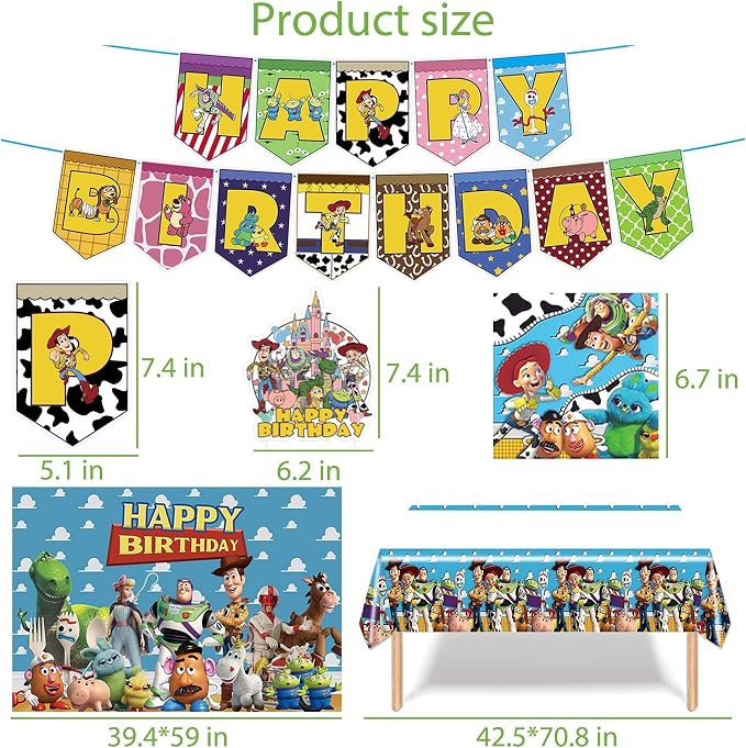 Cartoon Birthday Decorations, Cartoon Party Supplies - Happy Birthday Banner Balloons Plates Backdrop Cake Toppers Tablecloth Hanging Swirls Stickers