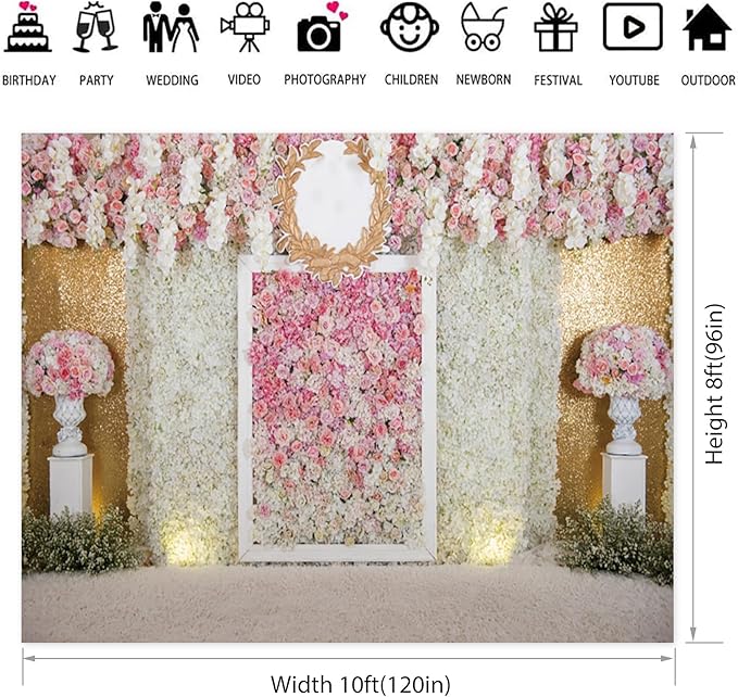 10x8ft Pink Flower Wall Photography Backdrop Proposal Ceremony Wedding Floral Photography Background Women Girl Birthday Party Bridal Shower Decor Banner Photo Booth Props