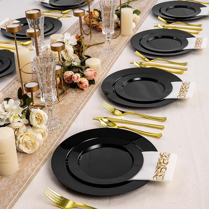 Goodluck 200PCS Black Plastic Plates, Heavy Duty Disposable Black Plates with 100 10.25 inch Dinner Plates and 100 7.5 inch Dessert Plates for Party, Holiday, Wedding
