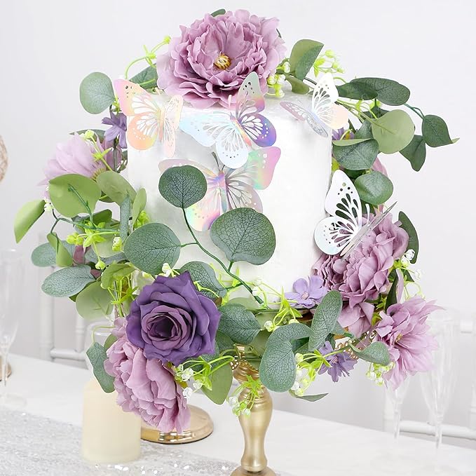 6 Pack 5.9 FT Artificial Flower Garland with Butterflies Fake Rose Garland Faux Greenery Eucalyptus Garlands for Wedding Table Backdrop Arch Centerpieces Decorations - Light Purple & Purple