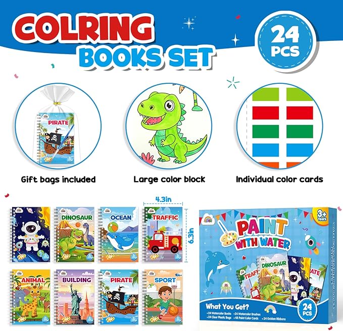 ZMLM 24 Water Coloring Books for Kids Party Favors - Bulk Mini Coloring Books for Kids Ages 4-8,Small Birthday Goodie Bag Stuffers School Teacher Return Gift Art Crafts Classroom Prizes (Boy)