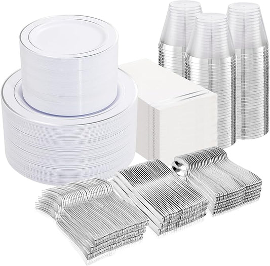 NOCCUR 700PCS Silver Plastic Plates Disposable for 100 Guests - Include 100 Dinner/Dessert White Plastic Plates with Silver Trim,300 Cutlery,100 Cups,100 Napkins for Party&Wedding
