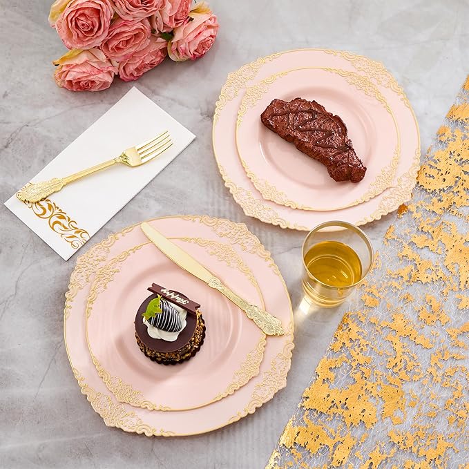 Fijinhom 350pcs Pink Plastic Plates, Elegant Disposable Dinnerware Set, 125 Pieces, White and Gold, Plates, Cups, Cutlery and Napkins (Pink, 50 Guests)