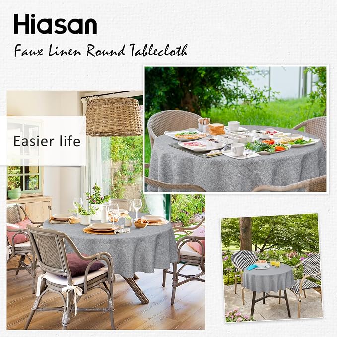 Hiasan Round Linen Tablecloth 50 Inch - Wrinkle and Stain Resistant Washable Polyester Fabric Table Cloth for Dining Room Kitchen Party, Grey