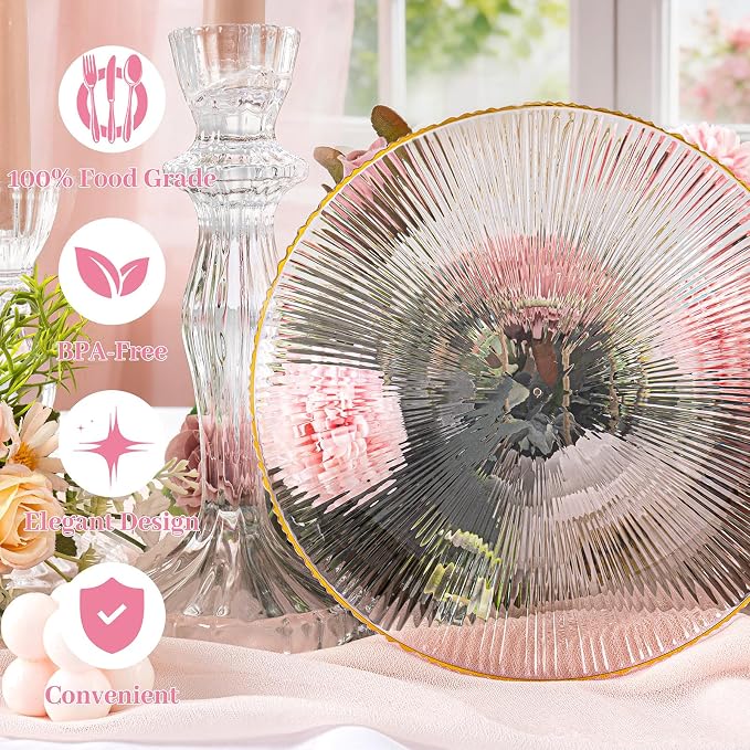 DaYammi 60Pcs Pink Plastic Plates with Gold Rimmed - Pink Disposable Plates Set Including 30pcs Dinner Plates,30pcs Dessert Plates with Radial Texture for Party & Wedding Bridal Shower