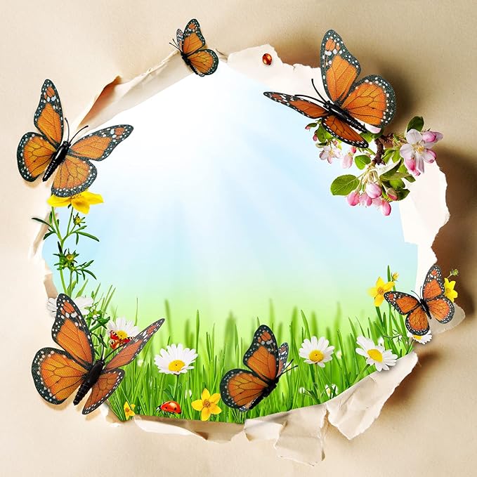 Chuangdi 100 Pcs Orange Monarch Butterfly Decorations 3 Size Fake Butterflies Realistic Butterfly Craft Artificial Mariposas Wall Decor for Craft Wedding Home Birthday Party (3.2inch,4inch,4.7inch)