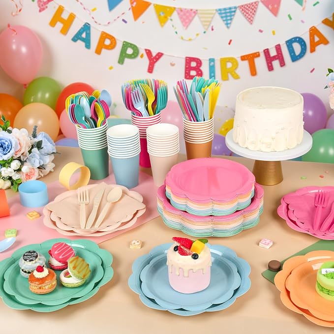 350 Pcs Candy Colors Party Plates and Napkins Party Supplies - Colorful Birthday Decoration Include Candy Colors Scalloped Plate Napkin Cup & Cutlery for Baby Shower, Wedding, Birthday, Bridal Shower