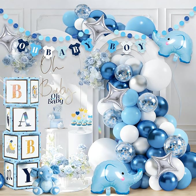 149 pcs Baby Shower Decorations for Boy, 4 Pcs Balloon Boxes,Elephant Foil Balloons, Blue Elephant Theme Baby Shower Decorations Gender Reveal Party Supplies