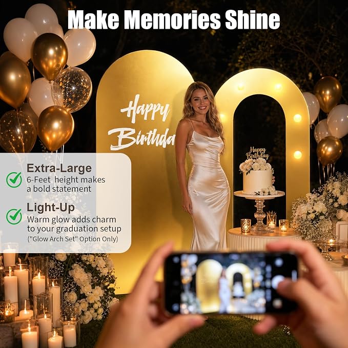 6FT Arch Backdrop with Stand Set, Lighted Arch Set, No-Tip Stability Glow Foam Board Photo Booth Background for Wedding Birthday Party Ceremony Baby Shower Banquet Decoration Reusable - GlossyGold