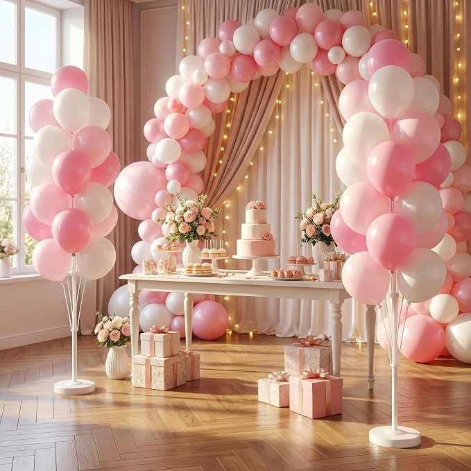 Balloon Column Kit Set of 2 With Baby Pink Chrome Balloons Included - with Base,Pole,Balloon Tower Backdrop Decoration for Wedding,Baby Shower, Birthday,Princess Party, or Bachelorette