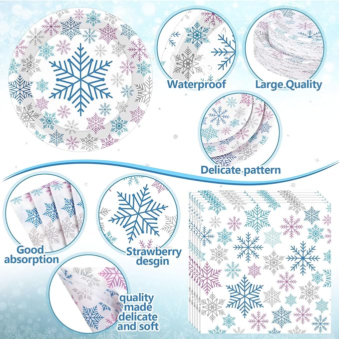 Funnymoom 452 Pcs Winter Decoration Wonderland Snowflake Party Supplies, Blue Pink Silver Snowflake Paper Plates Napkins Cups Tablecloth Cutlery Straws for Christmas Gender Reveal Baby Shower Party
