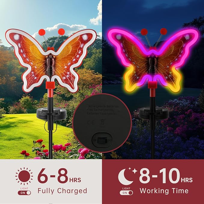 Solar Garden Butterfly Lights, Garden Outdoor Lights Decor, Butterfly Solar neon Light,led Butterfly Lights,Yard Patio Pathway Decoration (Red, 2pack)