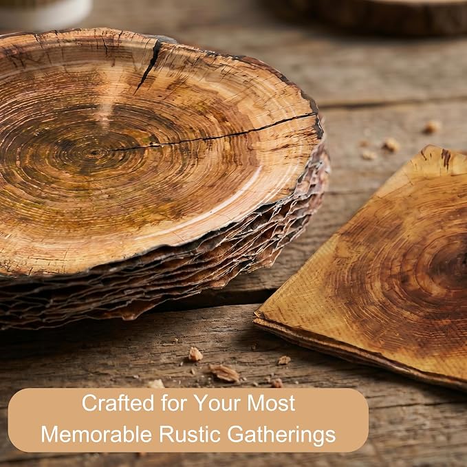 400 Pcs Disposable Rustic Wood Grain Slice Tableware Set for 50 Guests | Heavy-Duty 7" & 9" Paper Plates, Cups, 13" Napkins & Plastic Cutlery for Camping Forest Woodland Birthday Party Supplies