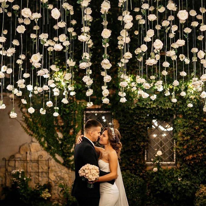 Suncalla 40 Pcs Artificial Rose Flower Hanging Decorations Set DIY Hanging Fake Roses Garlands with Hooks Wedding Party Decorations for Anniversary Background Themed Party(Cream White)