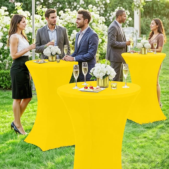 Moosfor Spandex Cocktail Table Covers 4 Pack, Elastic Fitted Stretch Table Cloth, Round High Top Tablecloths for Bar, Party, Pub, Wedding & Banquet (Yellow, 32x43 Inch)