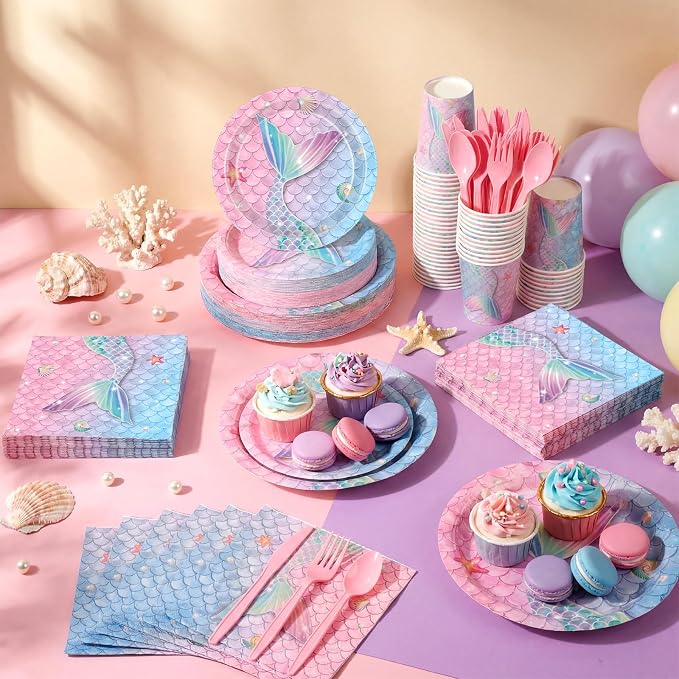400 Pcs Mermaid Party Decoration for 50, Pink Blue Mermaid Birthday Paper Plates Napkins Cup Cutlery Under The Sea Princess Disposable Tableware for Baby Shower Ocean Birthday Party Supply