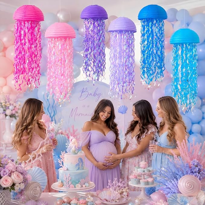 6-Pack Jellyfish Paper Lanterns, Pink Purple Blue Under The Sea Party Decorations, Mermaid Birthday Decorations for Girls, Hanging Ocean Themed Pool & Beach Party Decor, Classroom Decor