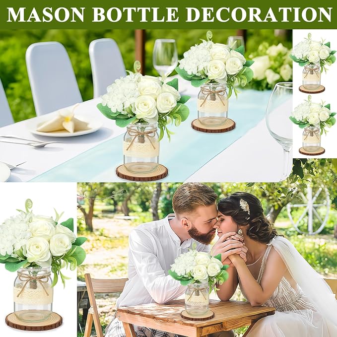 Set 10 Mason Jar Table Centerpiece - Wedding Centerpieces for Tables, Mason Jar Flower Centerpiece Vases Decor- Boho Farmhouse Rustic for Engagement, Bridal Shower, Wedding, Versatile Decor (White)