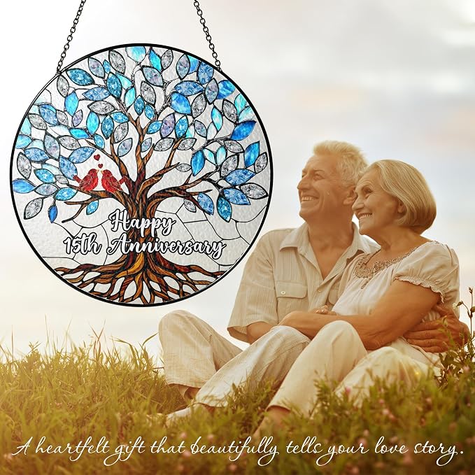 15th Wedding Anniversary Stained Glass Suncatcher, 6x6' Anniversary Decorations, 15th Celebration Marriage Gifts for Parents, Couple, Wife & Husband, 15 Wedding Milestone Keepsake