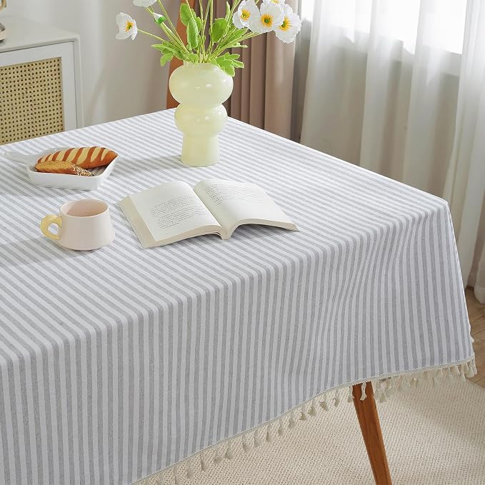 meioro Striped Tablecloth Rectangle Tablecloths Cotton Blend Table Cloth Washable Tabletop Decorative Fabric Table Cover for Kitchen Dinning (Grey, 47 x 63 Inch)