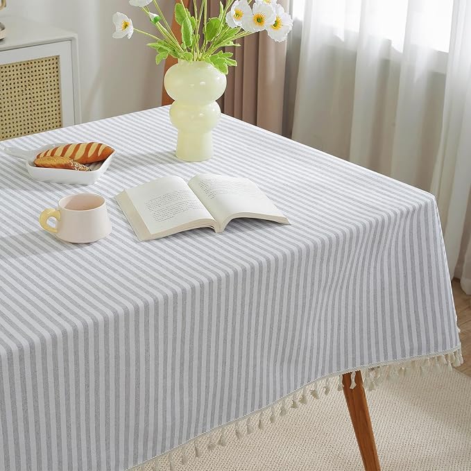 meioro Striped Tablecloth Rectangle Tablecloths Cotton Blend Table Cloth Washable Tabletop Decorative Fabric Table Cover for Kitchen Dinning (Grey, 55 x 86 Inch)
