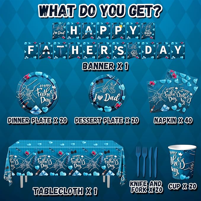 Happy Father's Day Tableware Set - 142pcs with Plates, Napkins, Tablecloth, Cups & Supplies for 'I Love Dad' Party Decoration