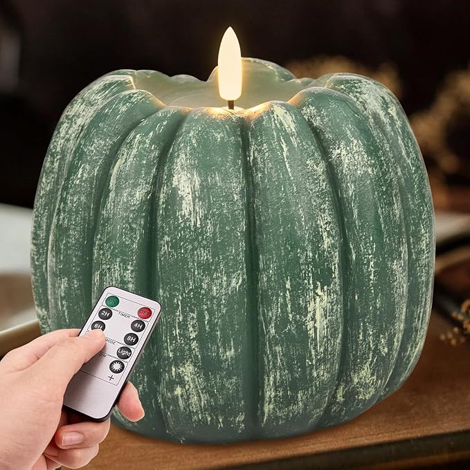 Fall Decorations for Home - Fall Decor - Flickering Flameless Wax Pumpkin LED Candle with Timer Remote - Autumn Party Decorations Indoor - Thanksgiving Battery Operated Candle Light for Mantel Table