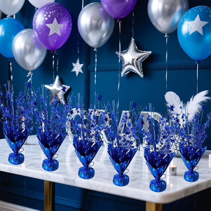 12 Pcs Metallic Foil Spray Centerpiece Party Star Table Decoration Brust Glitter Table Topper Decor for Birthday Graduation Holiday Christmas Dining Celebration New Year Party Supplies, Blue