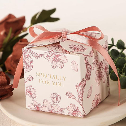 Yoption 50pcs Cherry Blossoms Party Favor Boxes, 2.75 x 2.75 x 2.75 Inch Pink Wedding Candy Box with Ribbons for Wedding Bridal Baby Shower Birthday Party Decoration