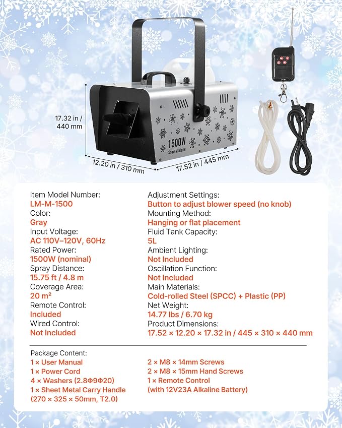 VEVOR Snow Machine, 1500W Handheld/Hanging Snow Maker By Wireless Remote Control, Portable Snowmaking Machine, High Output Snowflake Maker with 5L Tank for Christmas Party Wedding Stage Effects