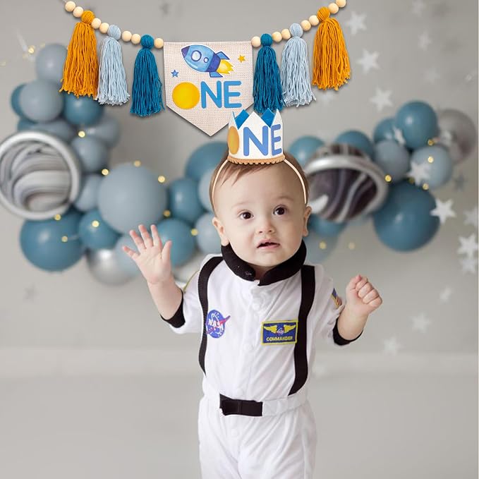 Gostman Outer Space ONE Decoration Set | First Trip Around The Sun Birthday Party Decorations,Space Themed First Birthday Highchair Banner and Sun One Crown