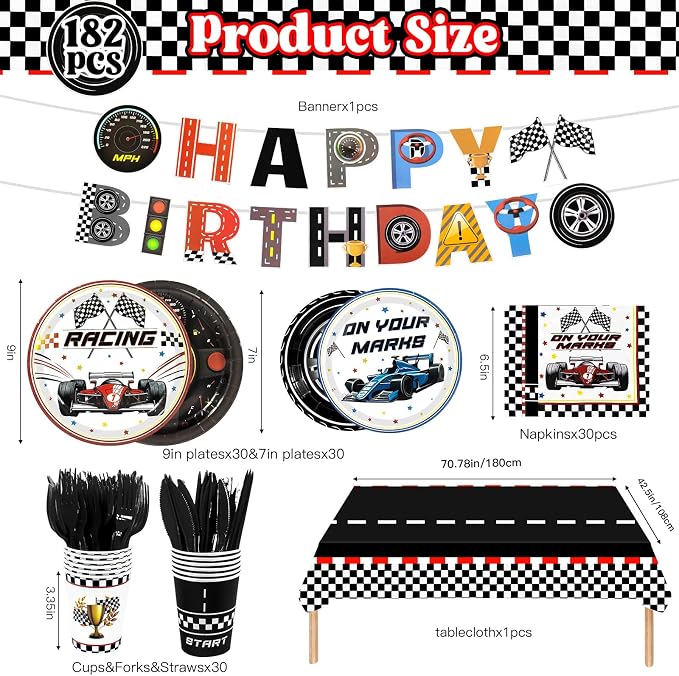 Race Car Party Decorations,182pcs Racing Themed Birthday Party Supplies Includes Banner,Tablecloths,Plates and Napkins,Tableware Set,for Boys Birthday Decorations,Serves 30