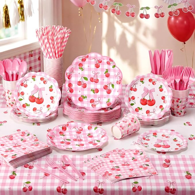 LemonRoad 452 Pcs Cherry Birthday Decorations for 50, Pink Bows Paper Plates Napkins Cups Tablecloth Cutlery Straws Bowknot Disposable Tableware for Fruit Cherry Birthday Baby Shower Party Supplies