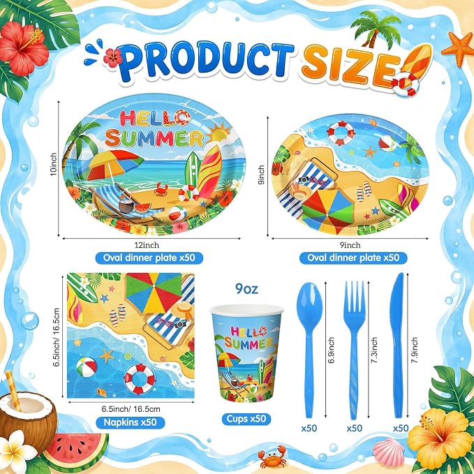 Pajean 350 Pcs Beach Party Decorations 12 in Disposable Oval Hello Summer Plates Napkins Summer Pool Beach Heavy Duty Paper Tableware Set for 50 Guests Hawaiian Birthday Pool Party Supplies