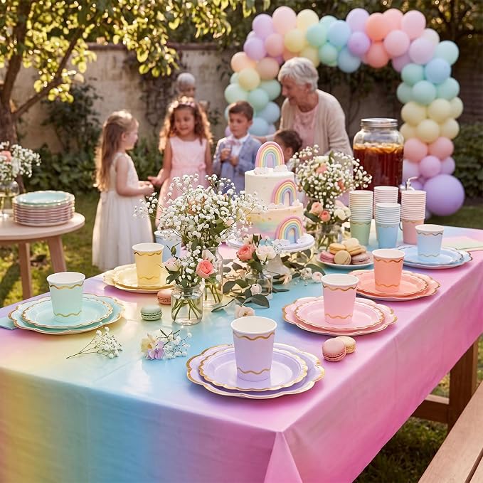 Yungyan 193 Pcs 48 Guests Pastel Gradient Rainbow Birthday Party Supplies Disposable Tableware Set 9 oz Paper Cups with Handle 7" 9" Paper Plate Napkin Tablecloth for Party Wedding Baby Shower