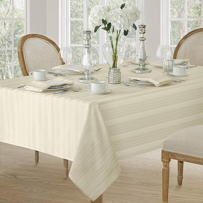 Newbridge 70 Inch Round Ivory Fabric Tablecloth, Denley Satin Stripe, Heavy Weight No Iron Polyester Holiday Dining & Party Table Cover