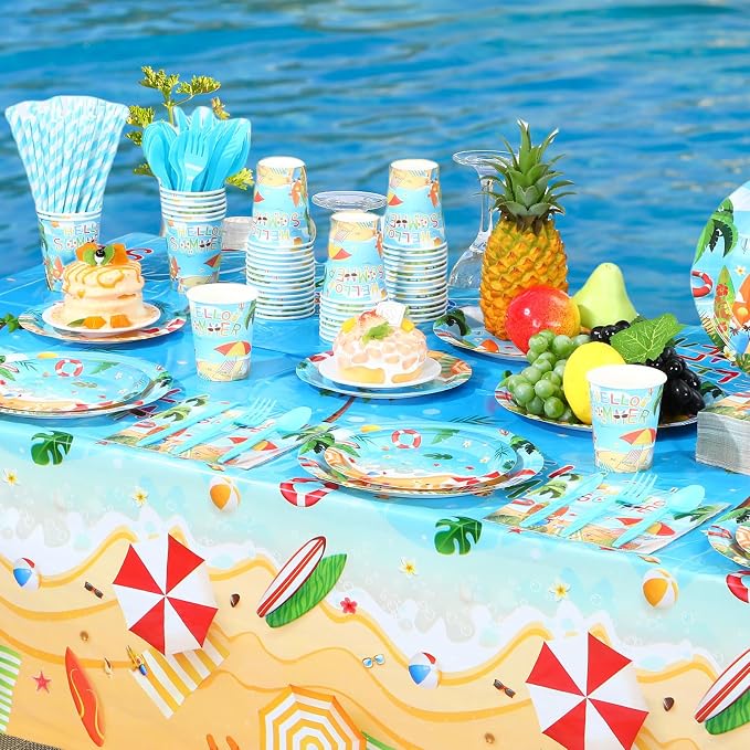 Funnymoom 452 Pcs Hello Summer Plates and Napkins Beach Party Supplies for 50, Summer Beach Cup Tablecloth Cutlery Disposable Tableware for Hawaiian Tropical Luau Ocean Pool Birthday Party Decoration