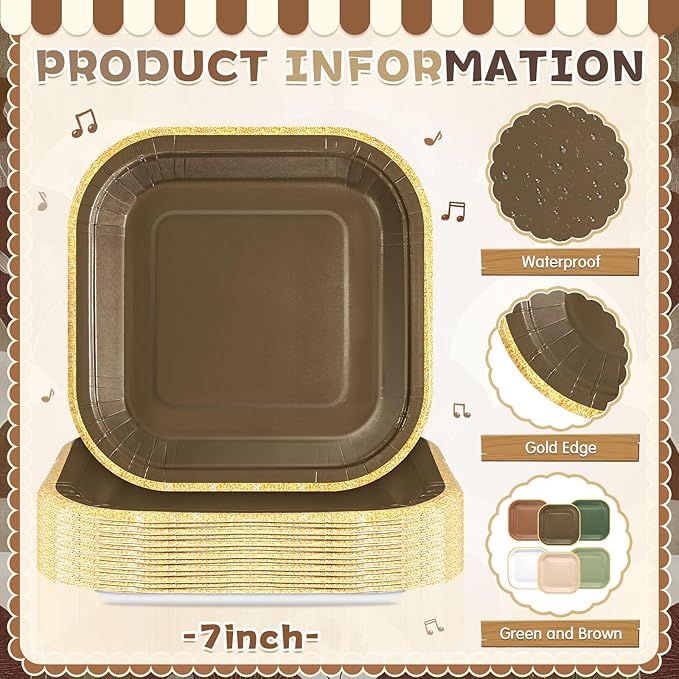 60 Pcs Woodland Green and Brown Paper Plates 7 Inch Gradient Disposable Square Dessert Party Plates with Gold Edge for Birthday Wedding Bridal Baby Shower Party Supplies, 6 Colors