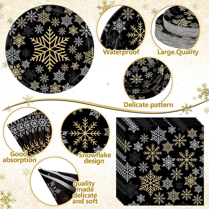 Funnymoom 452 Pcs Christmas Snowflake Party Supplies Black Gold and Sliver Snowflake Paper Plates and Napkins Cups Tablecloth Cutlery Straws for 50 Guests Winter Xmas Birthday Party Decoration