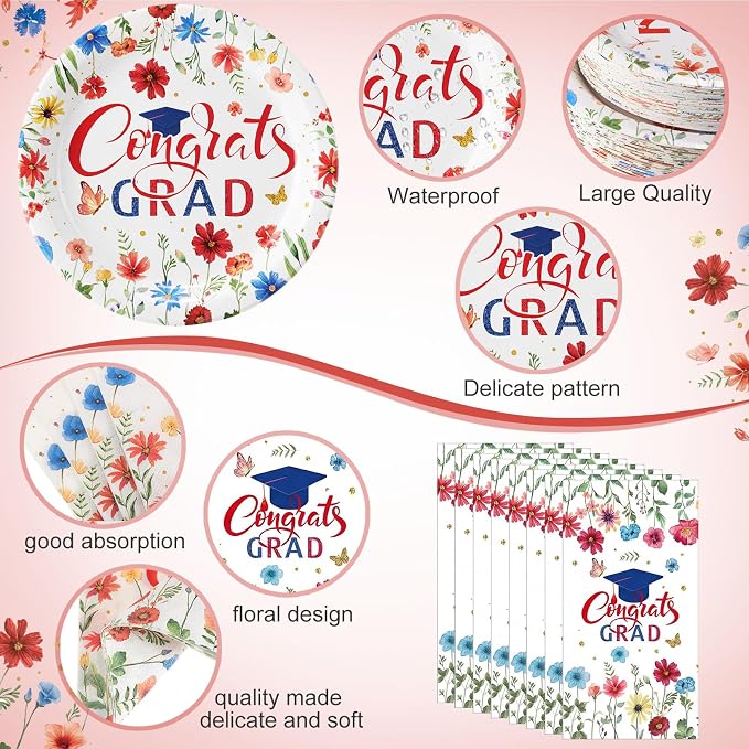 400 Pcs 2026 Red White Blue Graduation Decoration for 50, Red Blue Floral Graduation Paper Plates Napkins Cups Cutlery Flower Grad Tableware for Class of 2026 Congrats Grad Party Supply