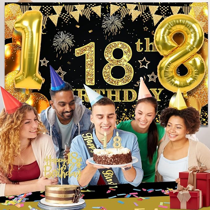 18th Birthday Decorations for Boys Girls with 18th Birthday Banner, Black and Gold Table Cloth, Number Balloons, Large Sash, Cake Topper and Candles