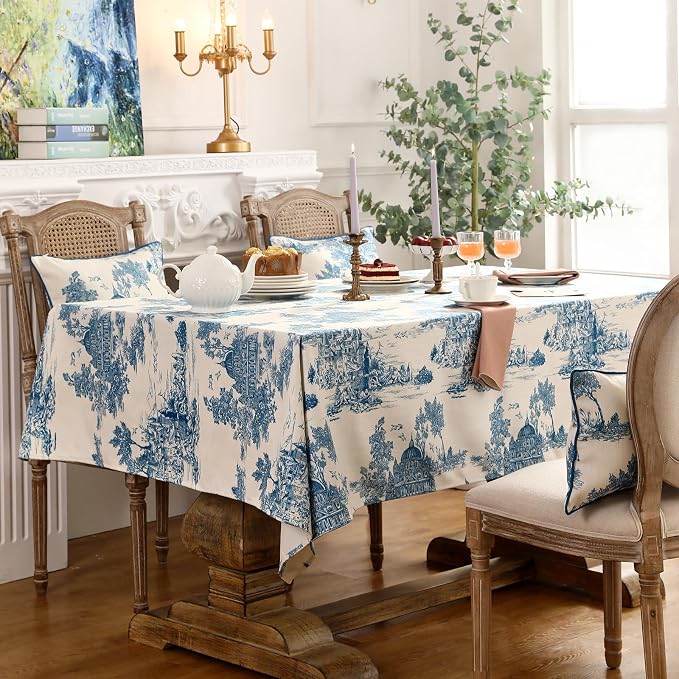 patdrea Elegant French Linen Tablecloth,Rectangular,79"x55"-Lucerne A | Vintage Elegant Table Cloth for Rectangle Table,Blue and White Chinoiserie Print,for Dining Room Tea Party Thanksgiving
