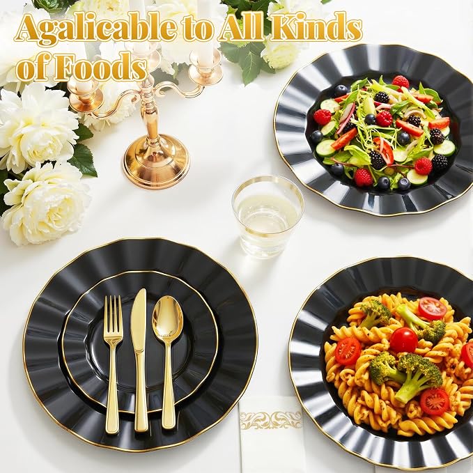 Glowserve 175 Piece Disposable Plastic Plates Dinnerware Set for 25 Guests | 50 Plastic Plates,25 Silverware Set,25 Cups and Napkins,Party Wedding Birthday,Family Gathering,Fancy Plastic Plates
