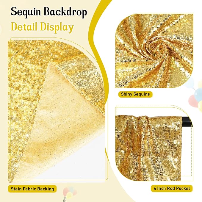 SquarePie 20x10ft Gold Sequin Backdrop for Photography, Satin-Backed Real Sequin Curtain, Enhanced Coverage Shimmering Background with 4" Rod Pocket for Wedding, Birthday, Party Decor, 1 Panel
