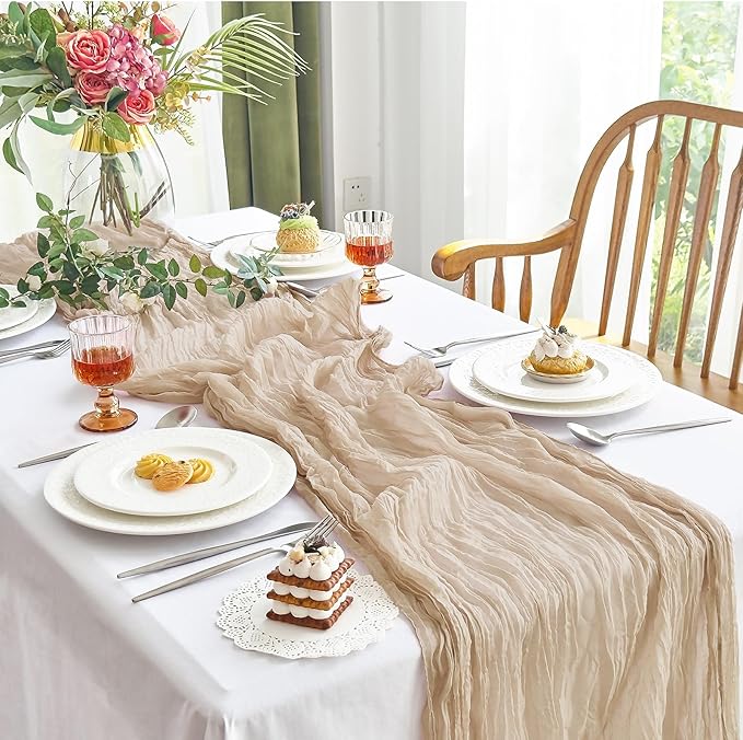 IVAPUPU 4 Pcs Cheesecloth Table Runner - 10ft Nude Spring Boho Gauze Cheese Cloth Table Runners for Baby Shower Decoration Wedding Party Garden Farmhouse