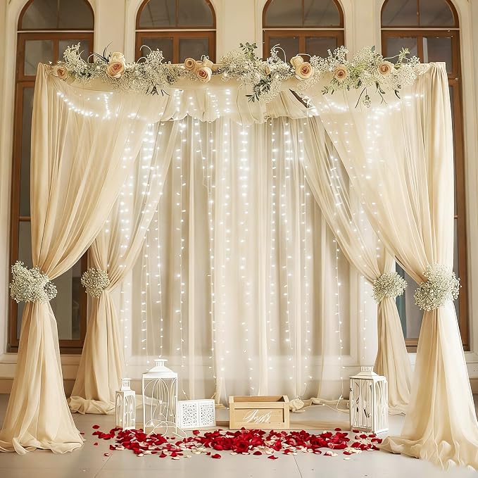 10ft x 10ft Ivory Chiffon Backdrop Curtain with Lights String for Parties,2 Panels Sheer Tulle Curtain Wedding Photo Backdrop with Lights for Baby Shower Birthday Party Ceremony Home Decorations
